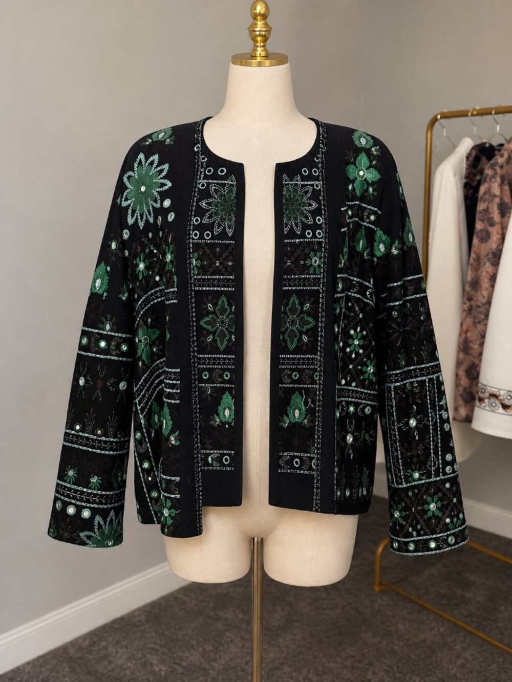 Zara Black and Green Patterned Blazer